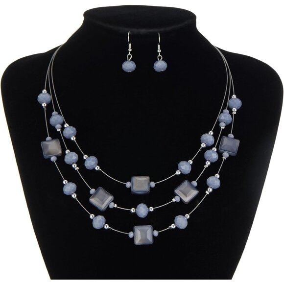 Layered Silver Beaded Necklace for Women Square Crystal Beads Statement Collar N - Picture 4 of 6
